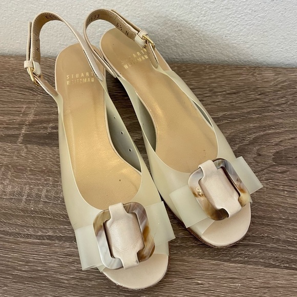Stuart Weitzman Vintage Translucent Peep Toe Bow Slingback Sandals, Size 6.5N - Picture 1 of 9